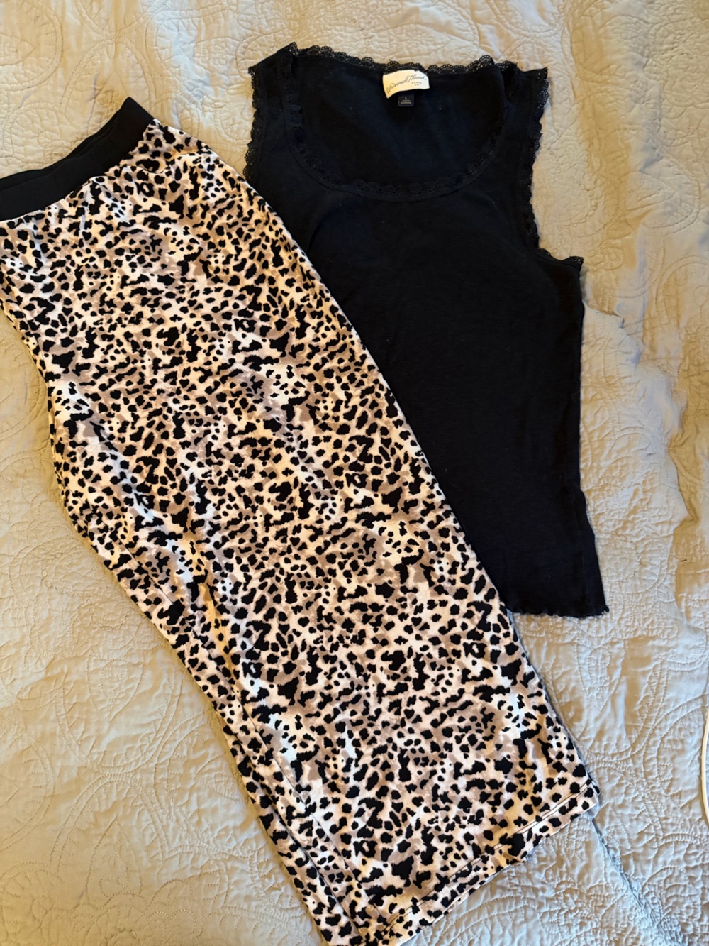 Black Lace-Trim Tank with Gilligan O’Malley leopard Print wide leg soft pants